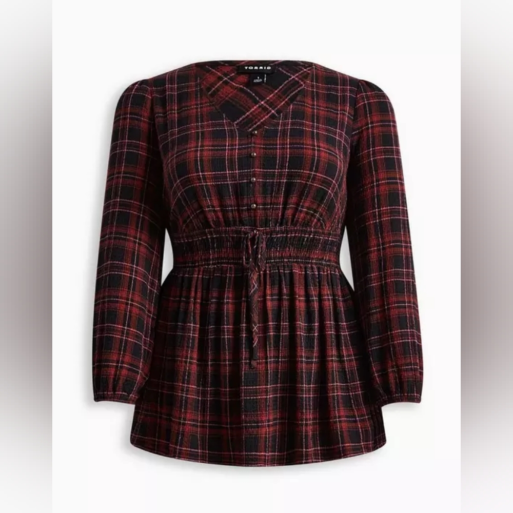 Babydoll Crinkle Flannel Gauze Smocked Tie Waist Top